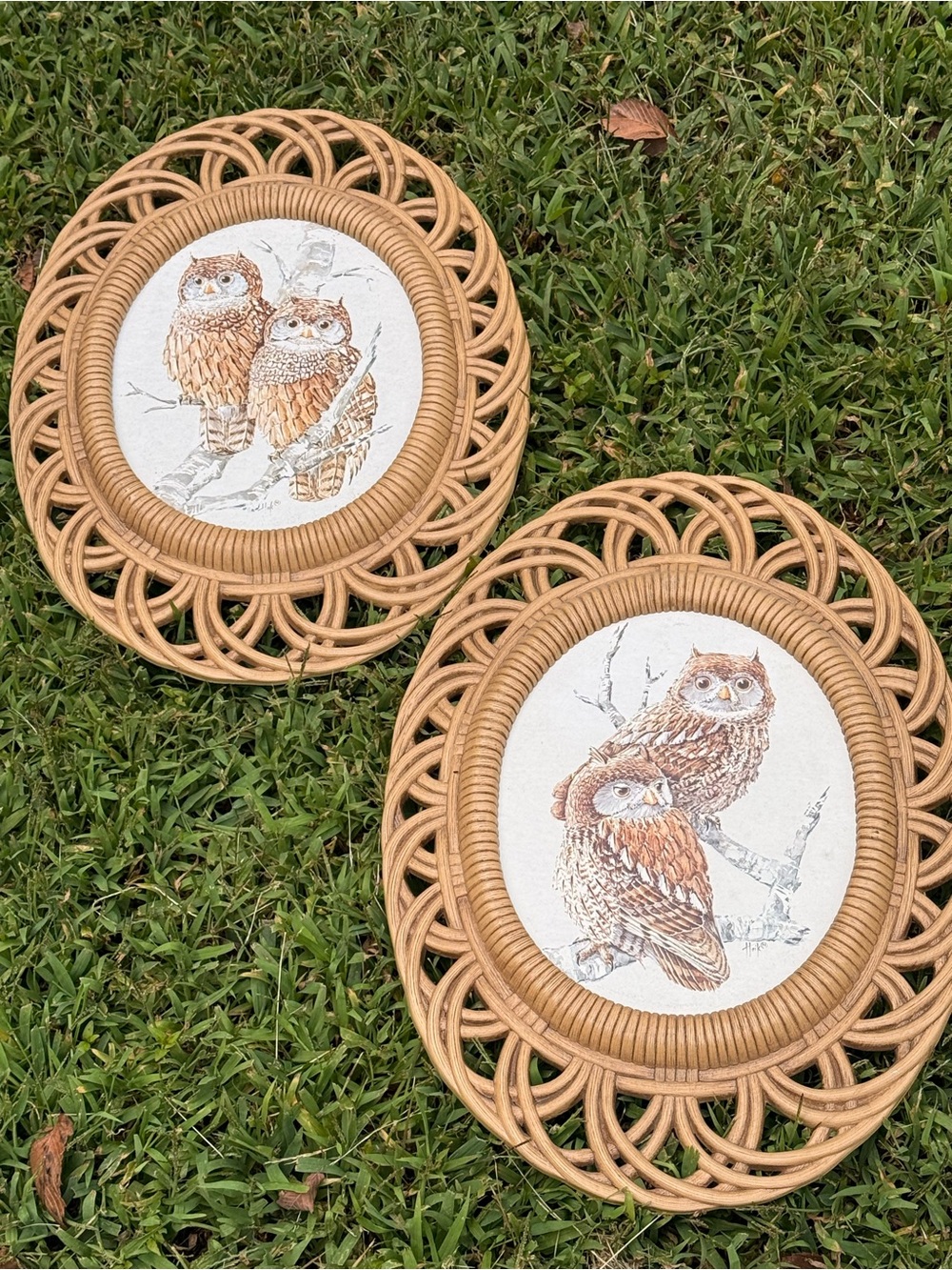 Vintage 1970s Burwood Owl Wall Decor Set Pair Faux Rattan Wicker Boho MCM 2pc